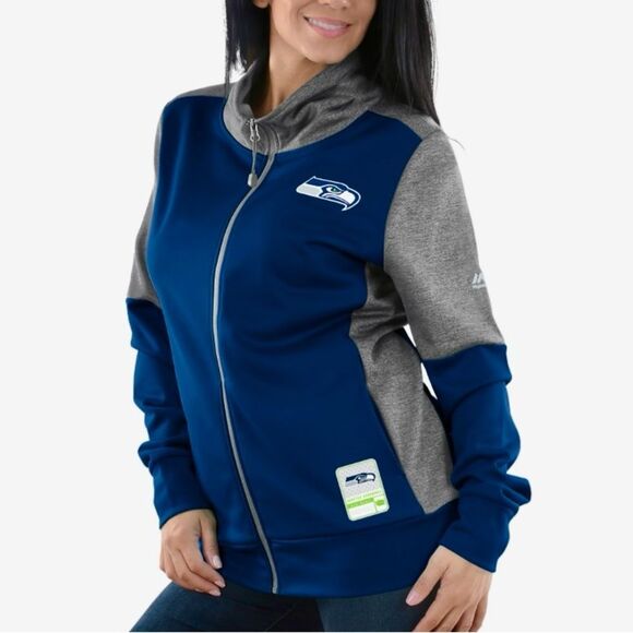 Majestic Seattle Seahawks Speed Fly Lightweight Full-Zip Fleece Jacket Navy S - Picture 1 of 11